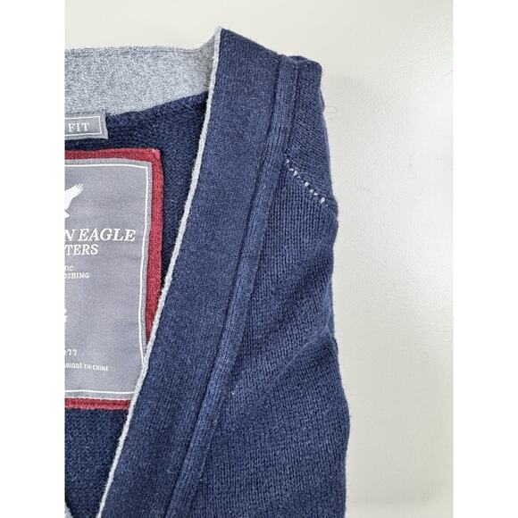 American Eagle Mens Wool Blend Cardigan Sweater L Navy Blue Elbow Patches Preppy - Picture 12 of 13